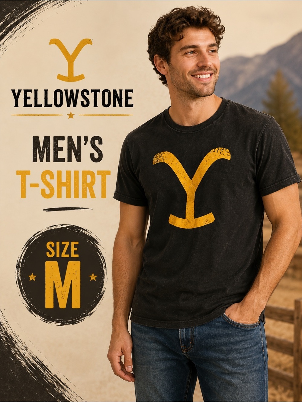 Yellowstone Men's Black Short Sleeve Graphic Tee with Yellow Symbol MEDIUM